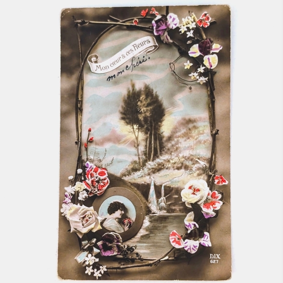 French 1917 Mon Cœur et ses Fleurs Postcard – Romantic Floral Scene - Picture 1 of 2